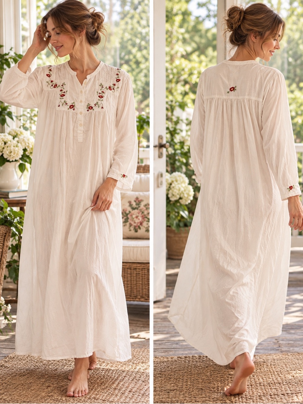 Vintage April Cornell White Cotton Embroidered Floral Nightgown Nighty Size L